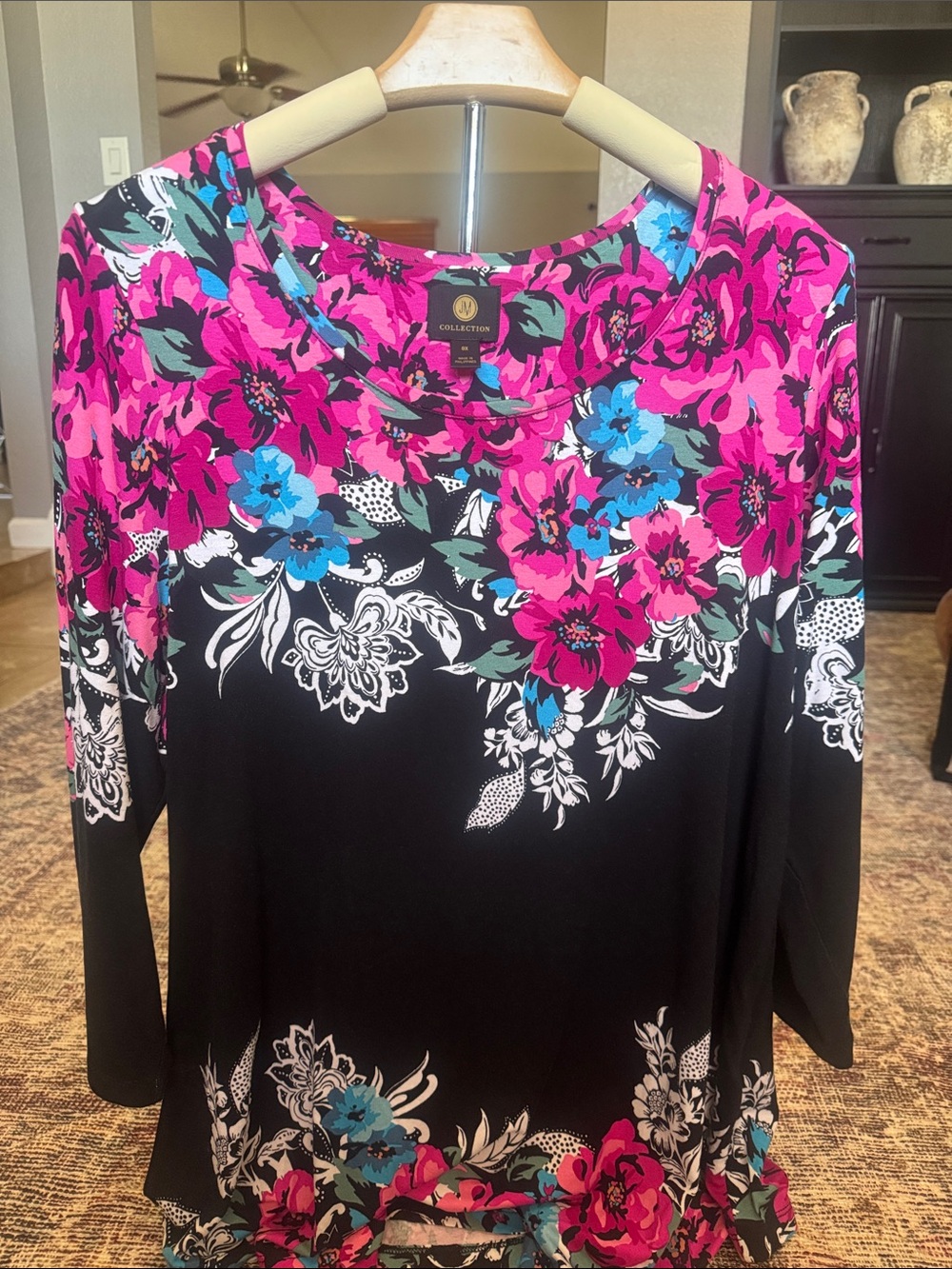 JM Collection Black Long Sleeve Top with Pink & Blue Floral Print